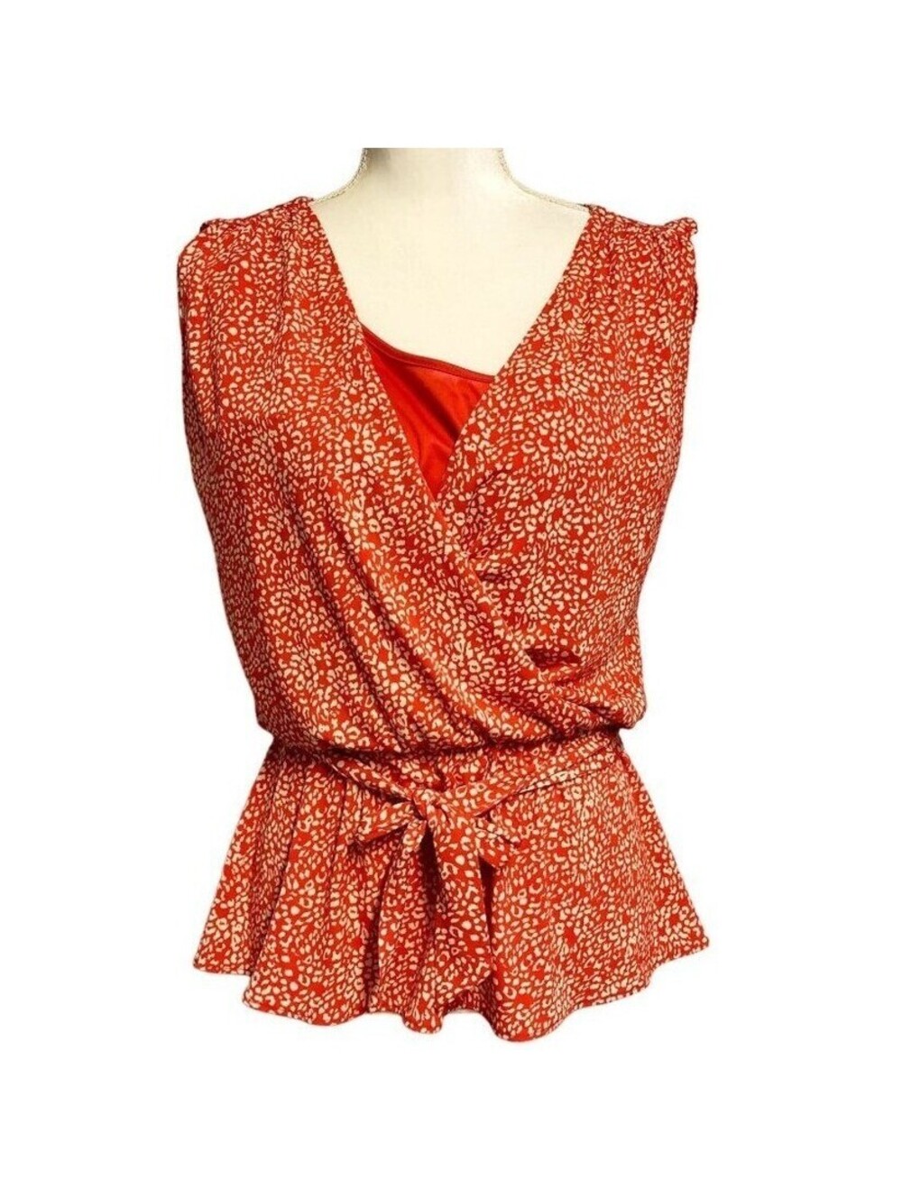Banana Republic Red Animal Print Sleeveless Wrap Blouse Peplum Top Medium